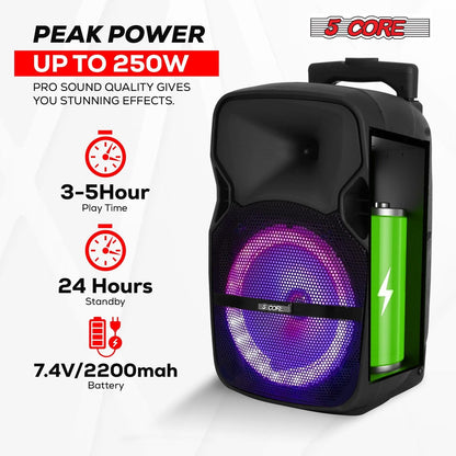 Party Starter Speaker Bluetooth 250W Big Monster Powered Rechargeable Outdoor PA DJ System w Disco Lights 2 Wireless Karaoke Mics Portable Rolling Speakers w Handle Black - ACTIVE HOME 8 2-MIC