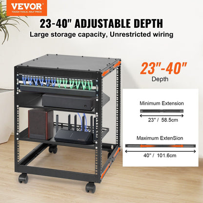 12U Open Frame Server Rack, 23-40 in Adjustable Depth, Free Standing or Wall Mount Network Server Rack, 4 Post AV Rack with Casters, Holds All Your Networking IT Equipment AV Gear Router Modem