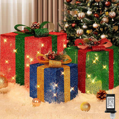 3 Pieces Large Gift Boxes for Christmas Decorations Outdoor, 10" 8" 6" with Pre-lit 70 LED Mini String Lights, Plug-in Warm White Present Boxes with Glitter for Christmas Wedding Party
