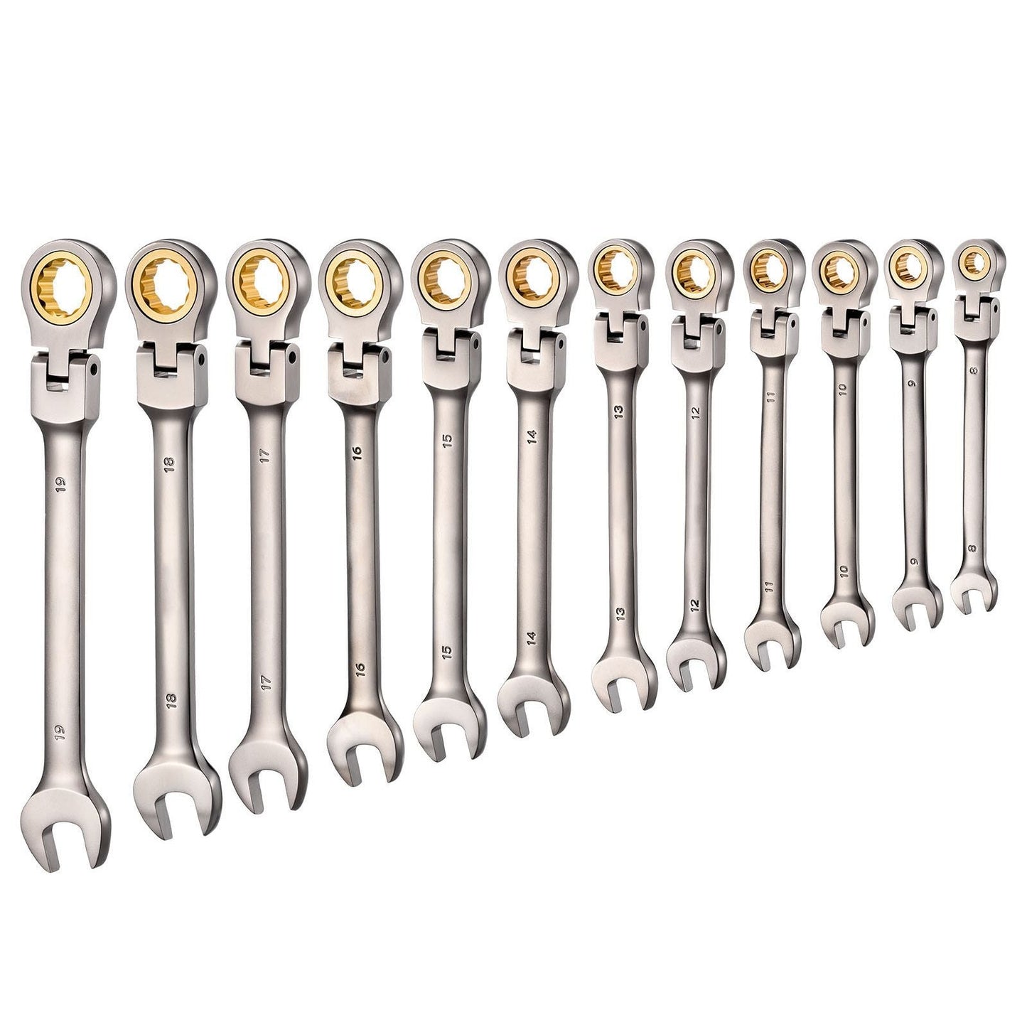 Flex-Head Ratcheting Wrench Set, 12-Piece Metric 8 mm to 19 mm, 72 Teeth, Cr-V Steel Ratchet Flexible Combination Wrench Set with Roll Up Pouch, for General Household and Automotive Repairs