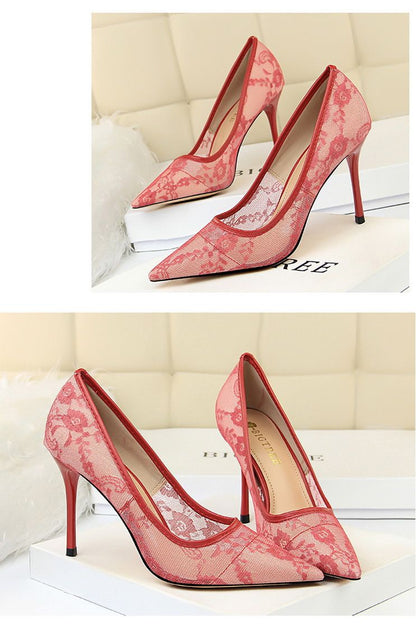 Women Pumps; Sexy heels; women's shoes; stiletto heels; pointed toe heels; mesh cutout lace trims