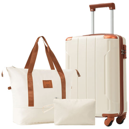 20 Inch Carry On Luggage Set 3 Piece with Spinner Wheels, Lightweight Hardshell ABS Suitcase for Weedend Getaways, Business Travel, White Brown