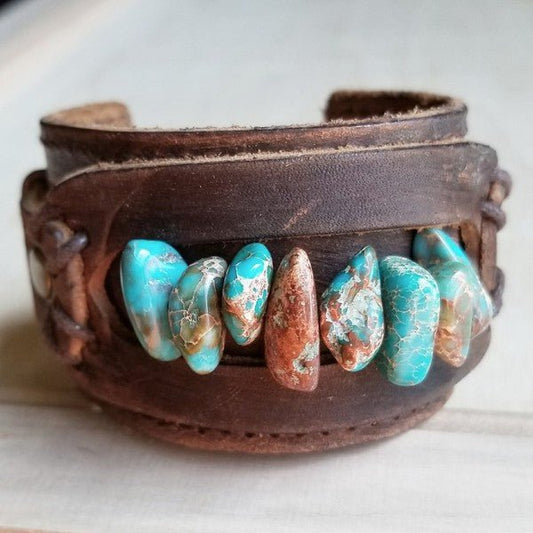 Dusty Leather Cuff with Turquoise Regalite Chunks - Rustic Jade Designs Co