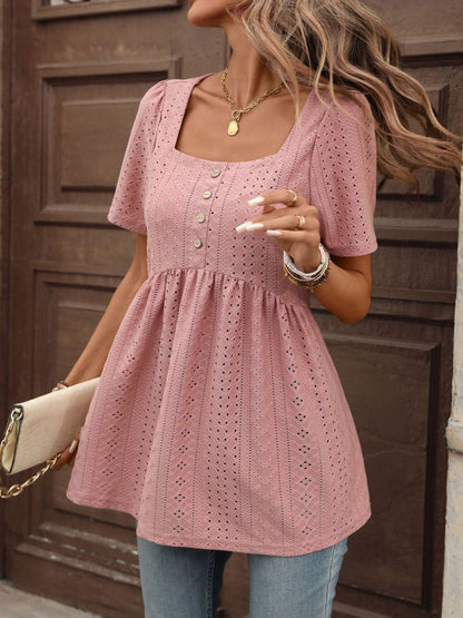 EYELET SQUARE NECK SHORT SLEEVE TOP