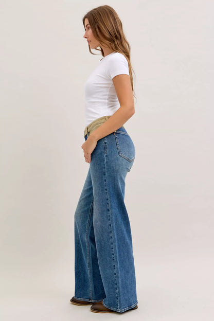 JUDY BLUE MR COLUMN STRAIGHT JEANS WITH CORDUROY WAIST