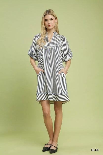 Umgee Striped Puff Sleeve Shift Dress