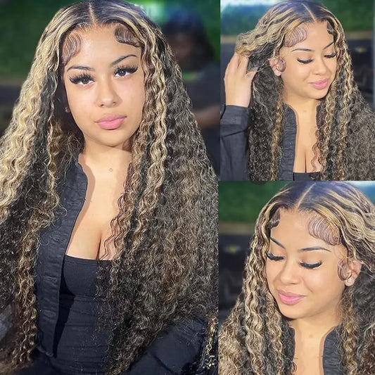 Vlusee 13x6 Deep Wave Lace Front Wigs Human Hair Fb/27 Ombre Blonde Lace Front Wig Human Hair Pre Plucked 13x6 HD Full Lace Frontal Curly Human Hair Glueless Wig for Women 24 Inch