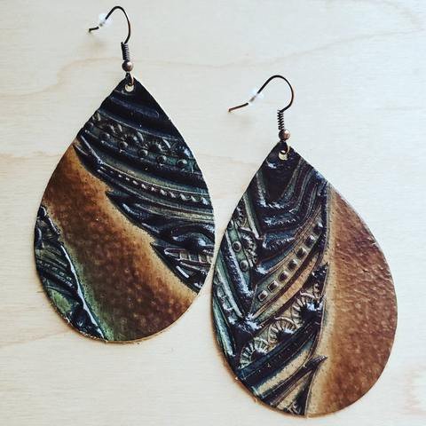 Earrings in Embossed Tan/Turquoise Feathers - Rustic Jade Designs Co