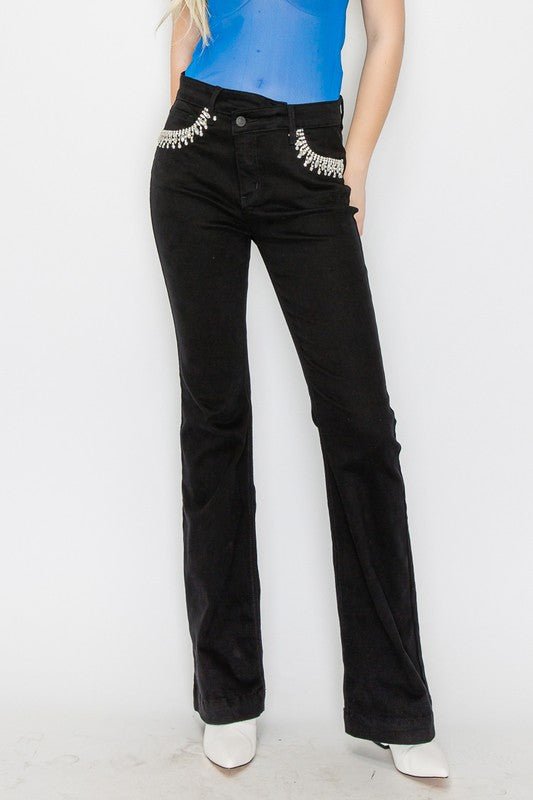 EMBELLISHED HIGH RISE CROSS OVER FLARE JEANS - Rustic Jade Designs Co