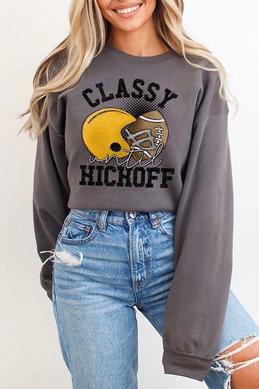 Fall Yellow Helmet Classy Until Kickoff Sweatshirt - Rustic Jade Designs Co