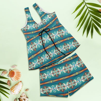 Baha Ranch Teal Aztec Tankini & Boy Shorts Swim Set
