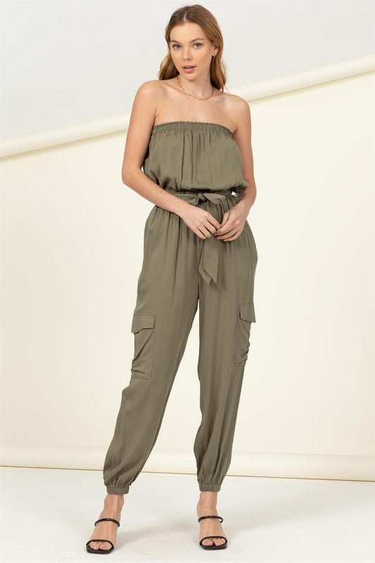 Flap Pocket Side Belted Tube Jumpsuit - Rustic Jade Designs Co