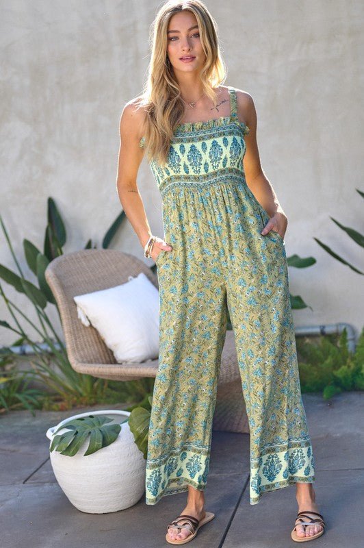 Floral Smocked Detail With Ruffle Jumpsuit - Rustic Jade Designs Co