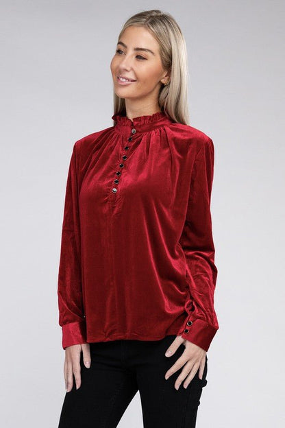 Frill Notched Neckline Velvet Blouse - Rustic Jade Designs Co