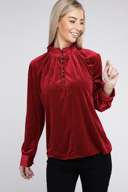 Frill Notched Neckline Velvet Blouse - Rustic Jade Designs Co