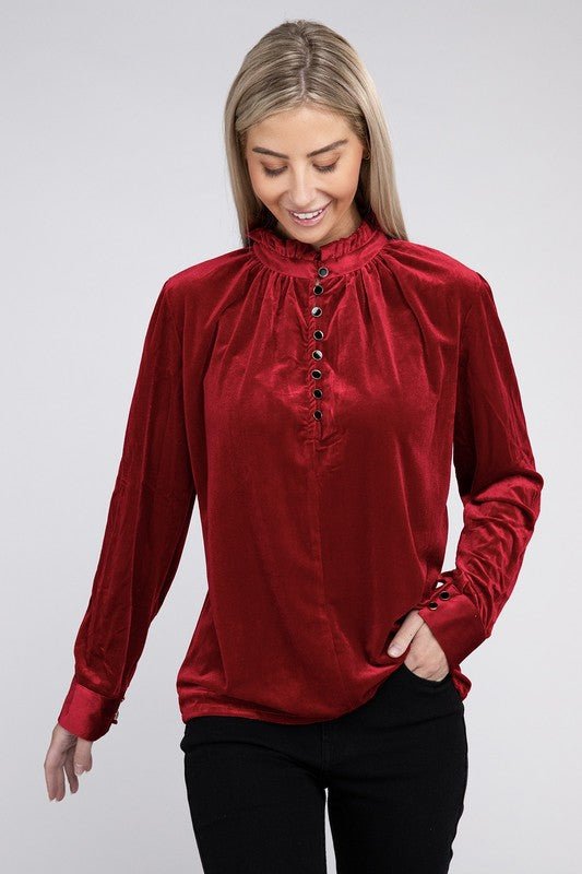 Frill Notched Neckline Velvet Blouse - Rustic Jade Designs Co