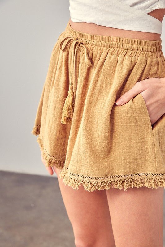 Fringe Trim Hem Shorts - Rustic Jade Designs Co