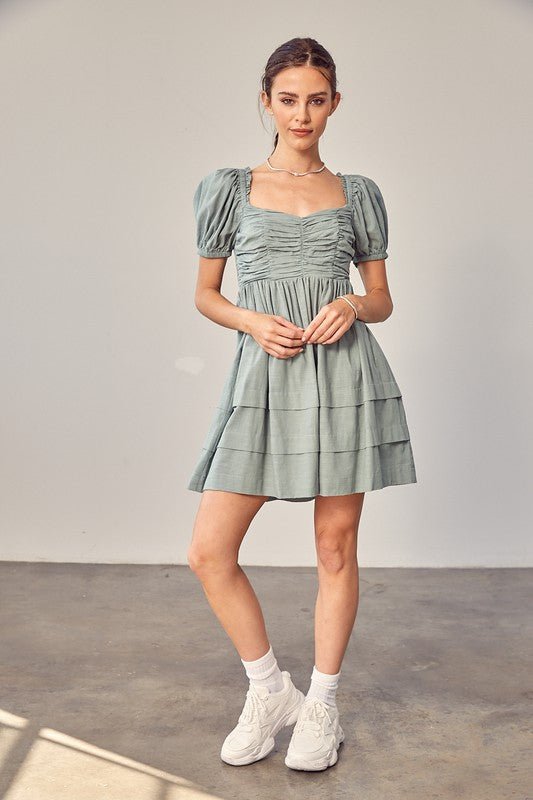 Front Ruched Detail Puff Sleeve Dress - Rustic Jade Designs Co