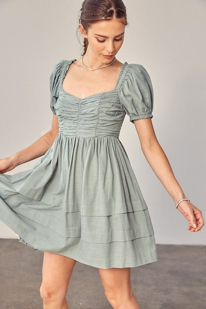 Front Ruched Detail Puff Sleeve Dress - Rustic Jade Designs Co