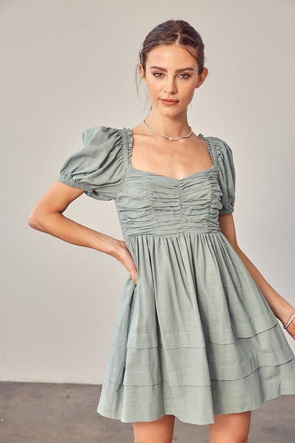 Front Ruched Detail Puff Sleeve Dress - Rustic Jade Designs Co