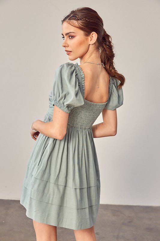 Front Ruched Detail Puff Sleeve Dress - Rustic Jade Designs Co