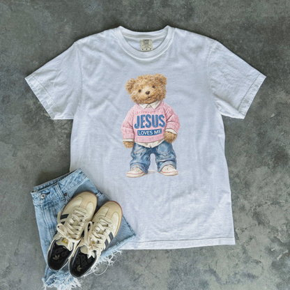 Jesus Loves Me Teddy Bear Graphic Tee | Faith-Inspired