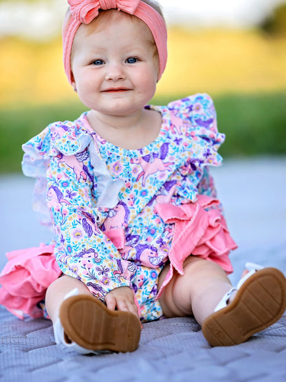 Unicorn Floral Print Girls Long Sleeve Romper