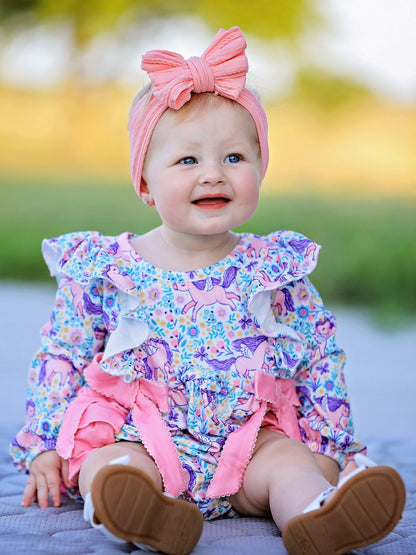 Unicorn Floral Print Girls Long Sleeve Romper