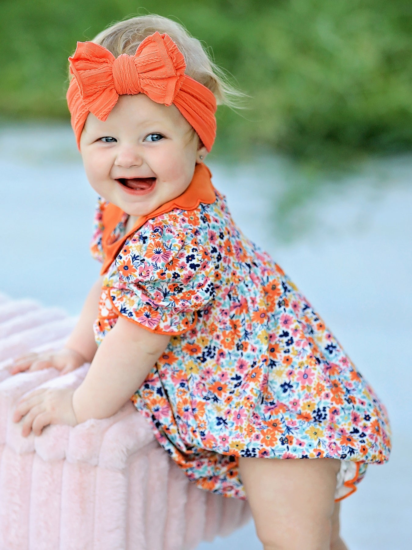 Fall Floral Smocked Petals Collar Girls Bubble Romper