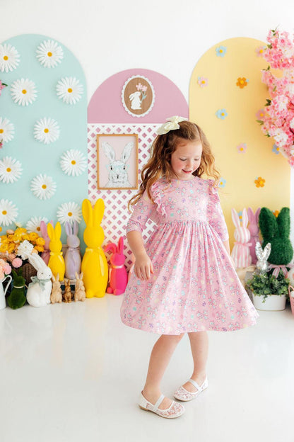 Little Bow Peeps 3/4 Sleeve Ruffle Twirl Dress