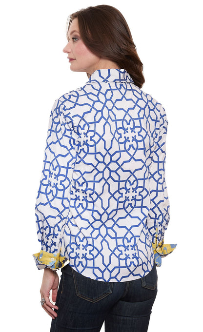 Rome Shirt Navy White Geo Print Cotton Sateen with Stretch