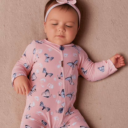 Pink Butterfly Daisy Bamboo Zipper Footie