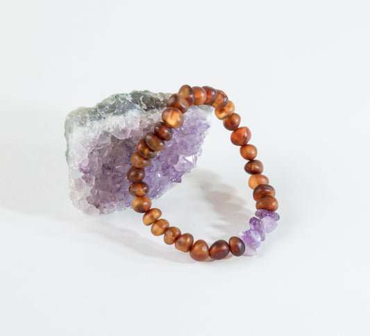 Raw Cognac Baltic Amber + Raw Amethyst || Adult Bracelet