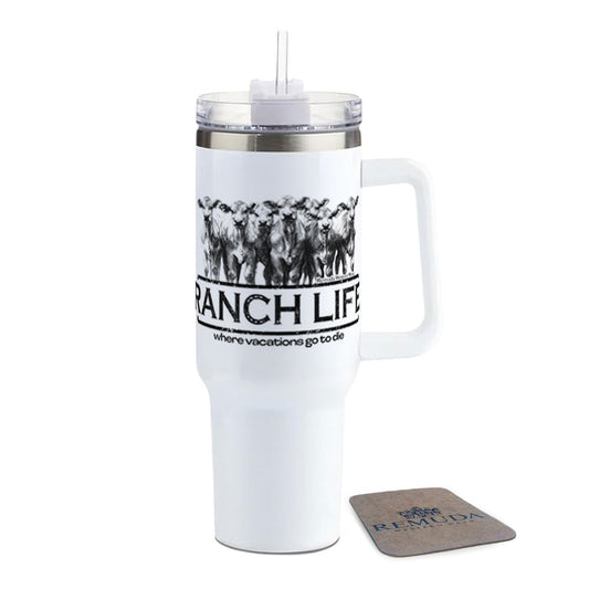 Ranch Life: Where Vacations Go To Die - Insulated 40oz Western Tumbler w/ Handle