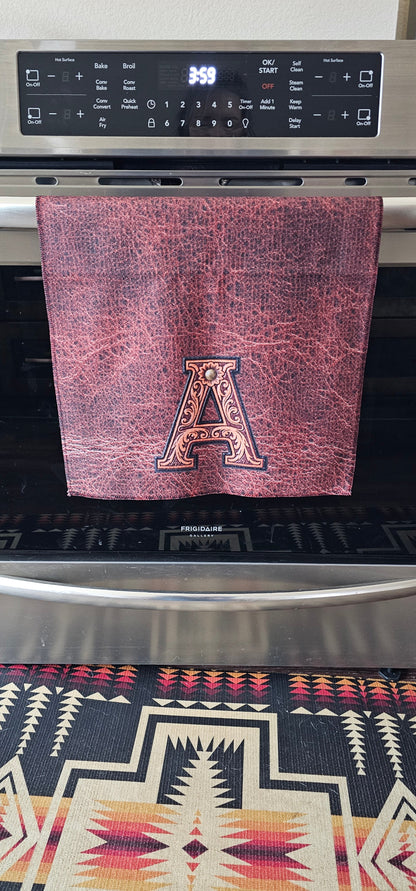 Monogrammed Initial Western Leather Look Saddle Longhorn Cowboy Cowgirl Kitchen Dish Towels Made in America