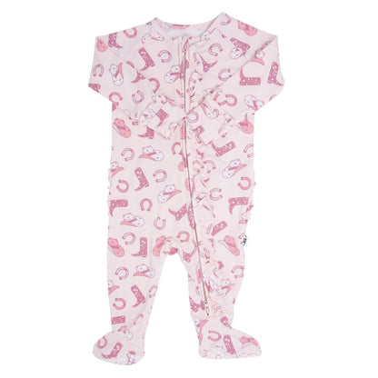 Pink Western Boots Ruffle Baby Footie