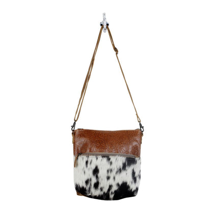 Myra Frontier Trail Embossed Leather Crossbody Bag Western Hairon Purse with Adjustable Leather Strap
