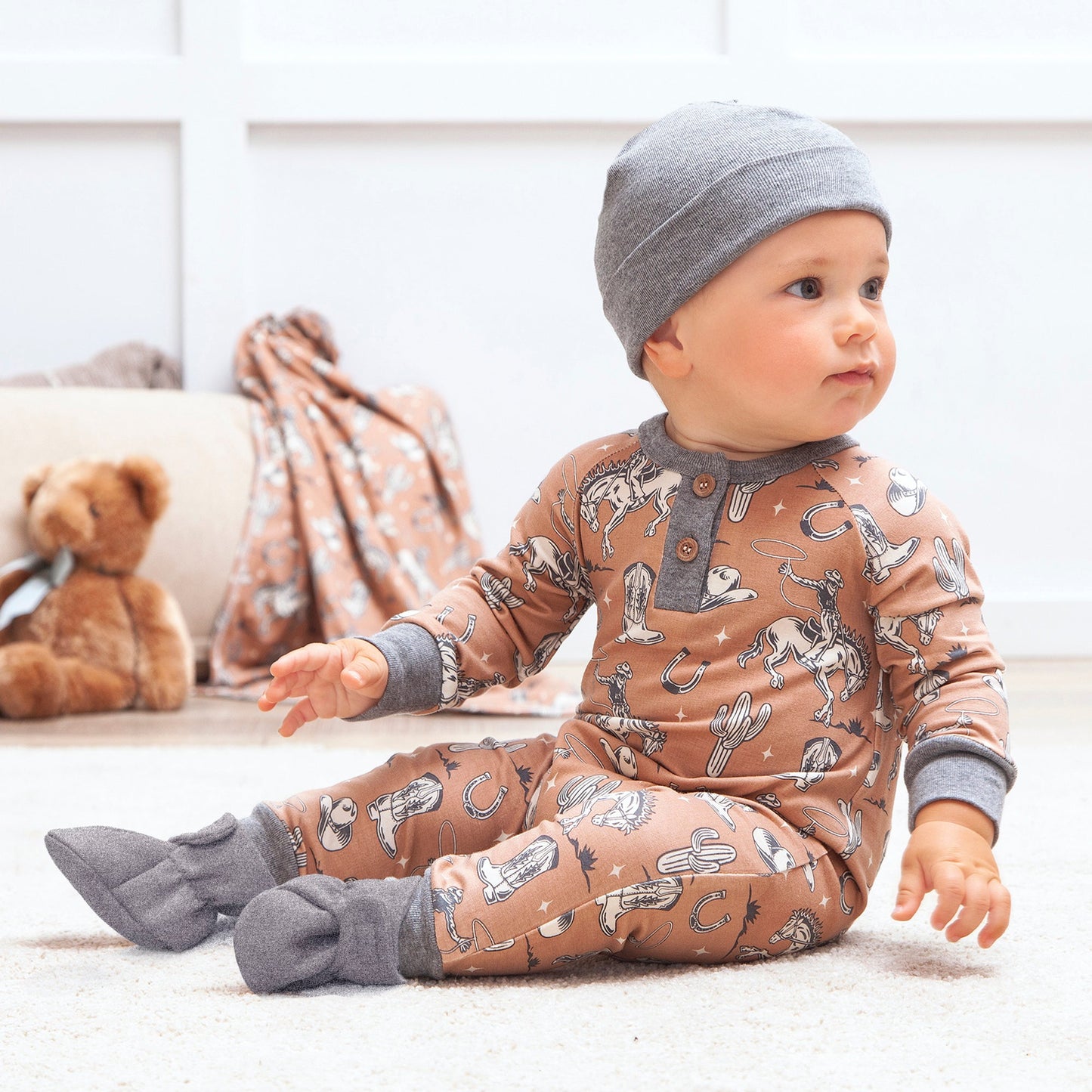 Wild Wrangler/Brown Western Bamboo Henley Romper for Babies