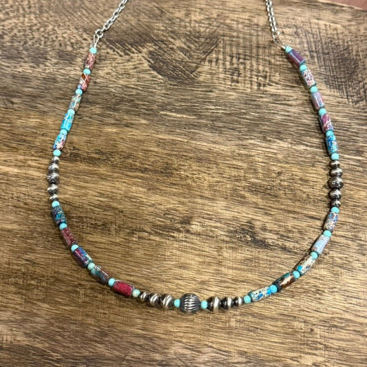 Corrugated Silver Pearl and Jasper Barrel Bead Necklace