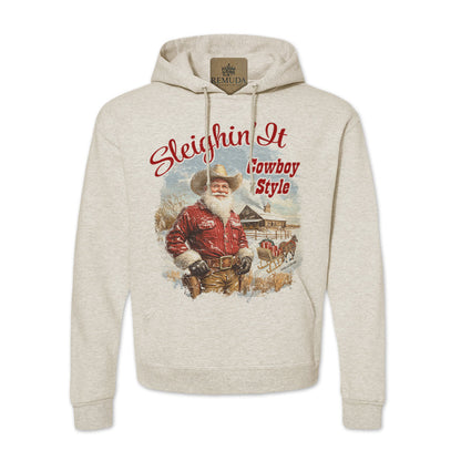 Sleighin It Cowboy Style - Adult Unisex Western Santa Christmas Pullover Hoodie