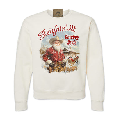 Sleighin It Cowboy Style - Western Adult Unisex Western Santa Christmas Sweatshirt