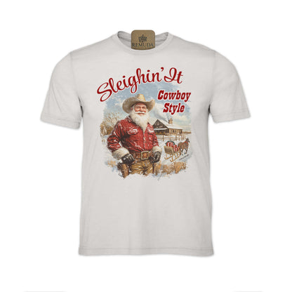Sleighin It Cowboy Style - Adult Unisex Christmas Western Santa Tee T-Shirt