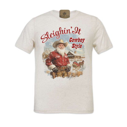 Sleighin It Cowboy Style - Adult Unisex Christmas Western Santa Tee T-Shirt