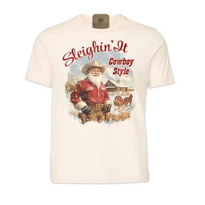 Sleighin It Cowboy Style - Adult Unisex Christmas Western Santa Tee T-Shirt