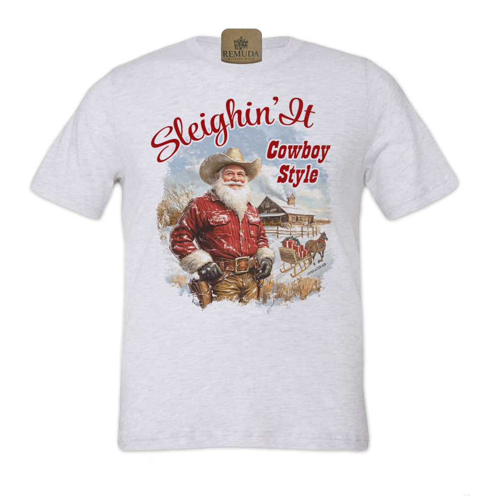 Sleighin It Cowboy Style - Adult Unisex Christmas Western Santa Tee T-Shirt