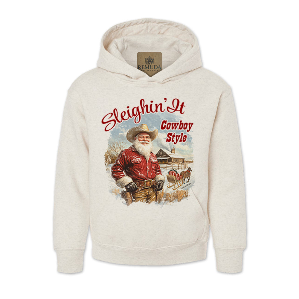 Sleighin It Cowboy Style - Youth Western Santa Pullover Hoodie