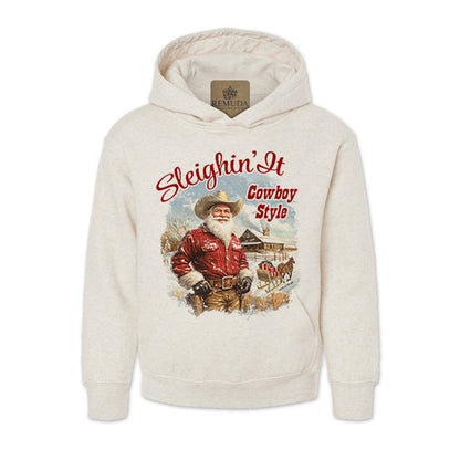 Sleighin It Cowboy Style - Youth Western Santa Pullover Hoodie