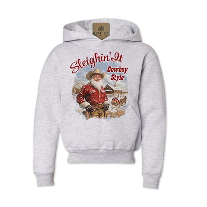 Sleighin It Cowboy Style - Youth Western Santa Pullover Hoodie