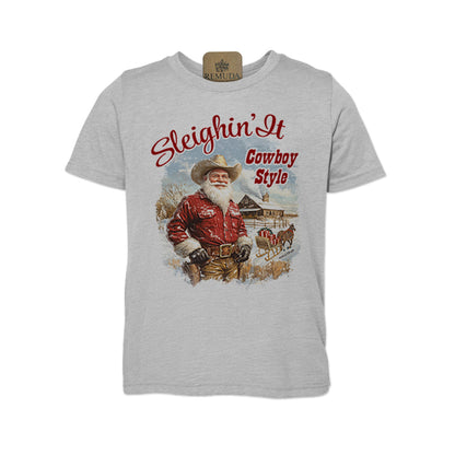 Sleighin It Cowboy Style - Youth Western Santa Tee
