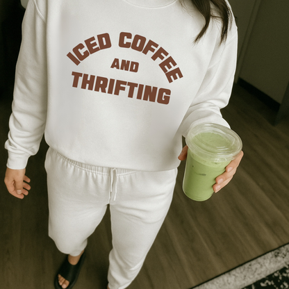 Iced Coffee & Thrifting Crewneck – Neutral Thrift Girl Sweatshirt